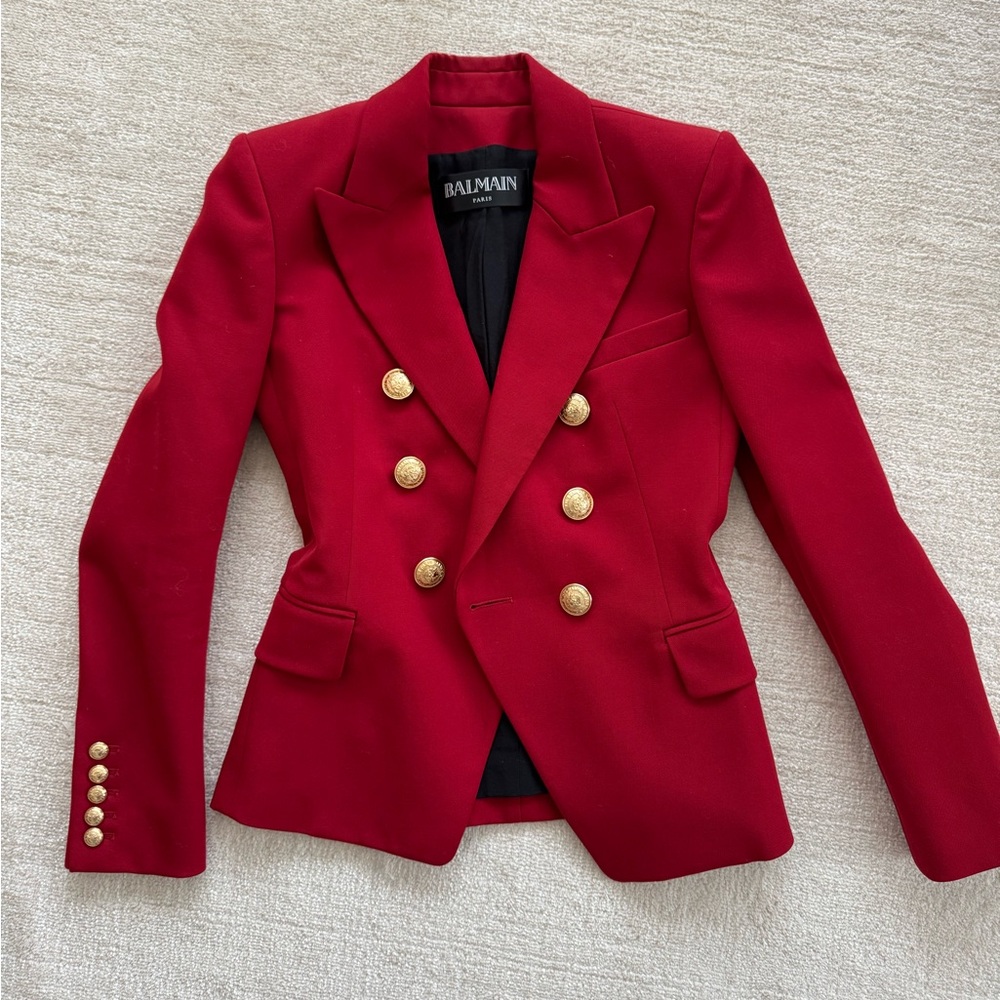 Balmain Double-Breasted Red Blazer with Gold Buttons